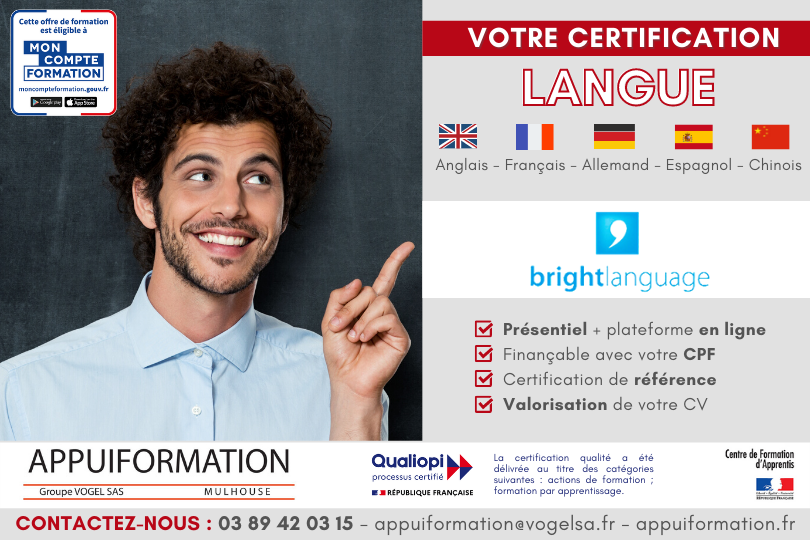 Appuiformation formation langue : publicités avec details sur la certification brightlanguage